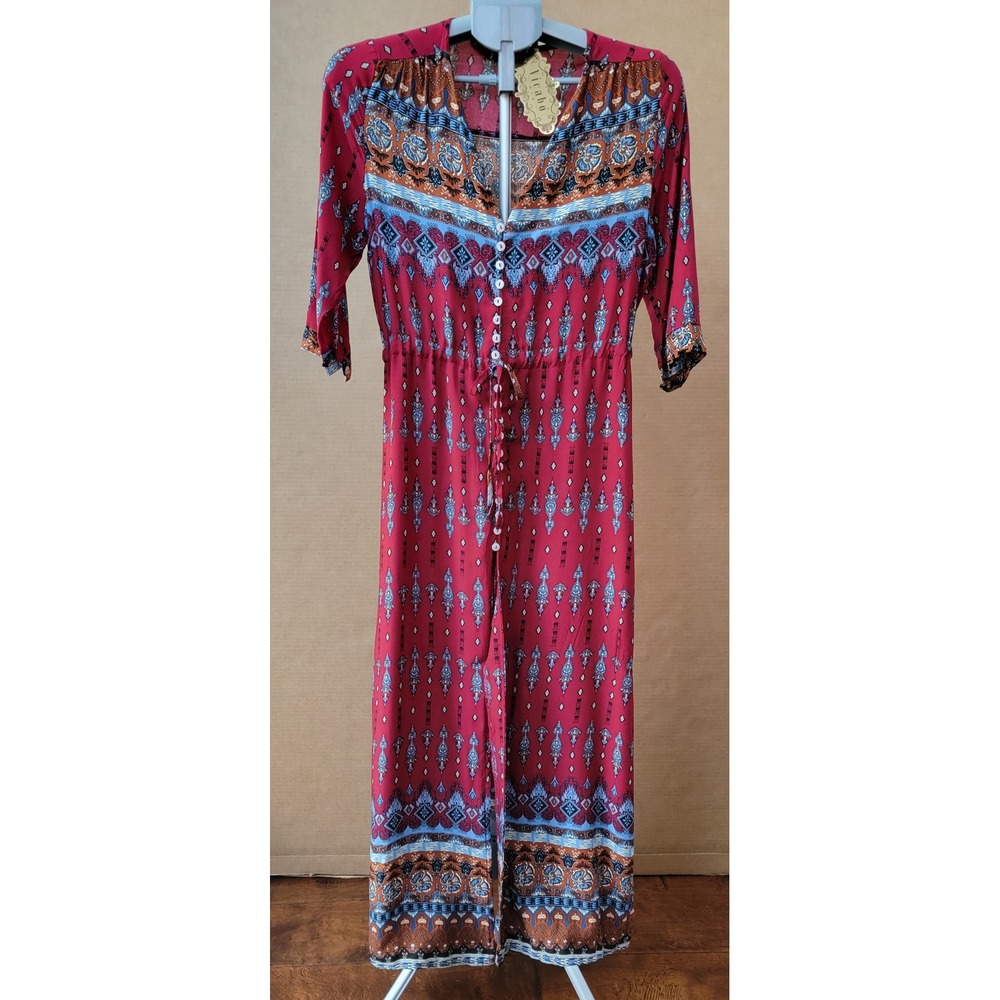 Vicabo Womens Red Boho Geometric Print Maxi Dress Drawstring Waist S L NWT Indie